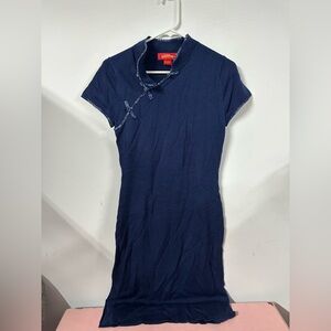 Shanghai Tang Dress Small Women Knit Wool Sleeveless Blue Elegant Mandarin